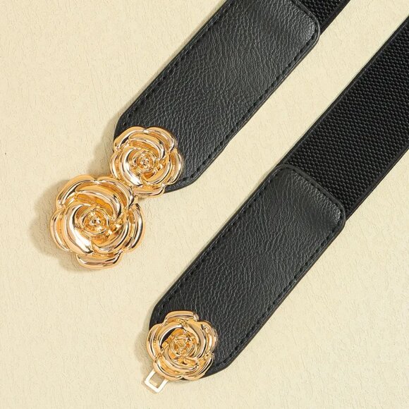 2/$30 Elastic Stretch Black Belt with Gold Rose Buckle Thin Pu Leather For Dress - Picture 7 of 8